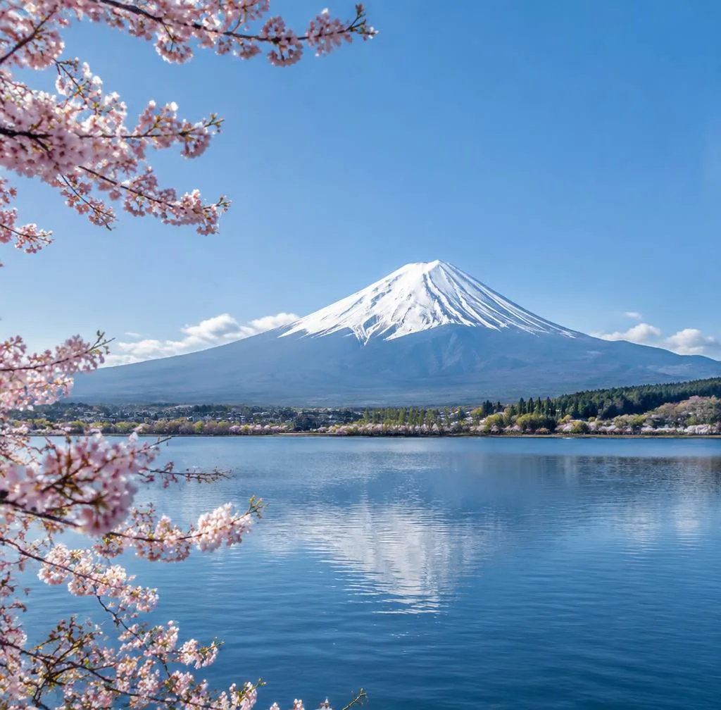 日本の旅のイメージ(AI生成):富士山と桜、湖